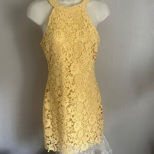 Lulus Yellow Floral Lace Halter Mini Dress |